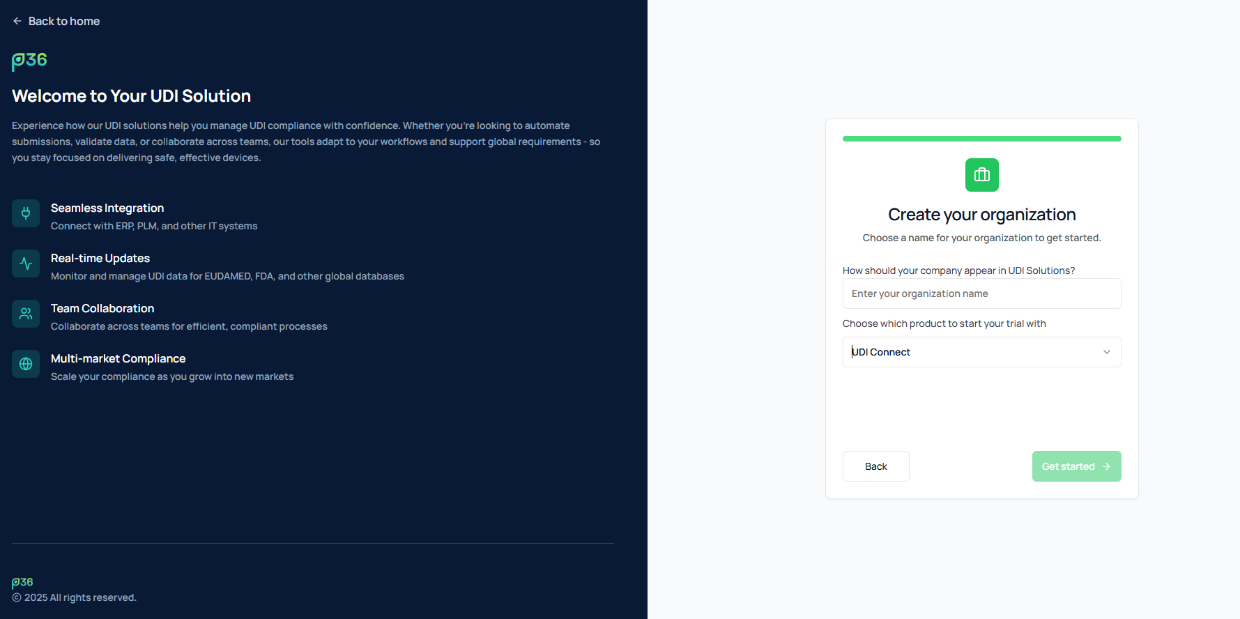 Organization and product selection screen