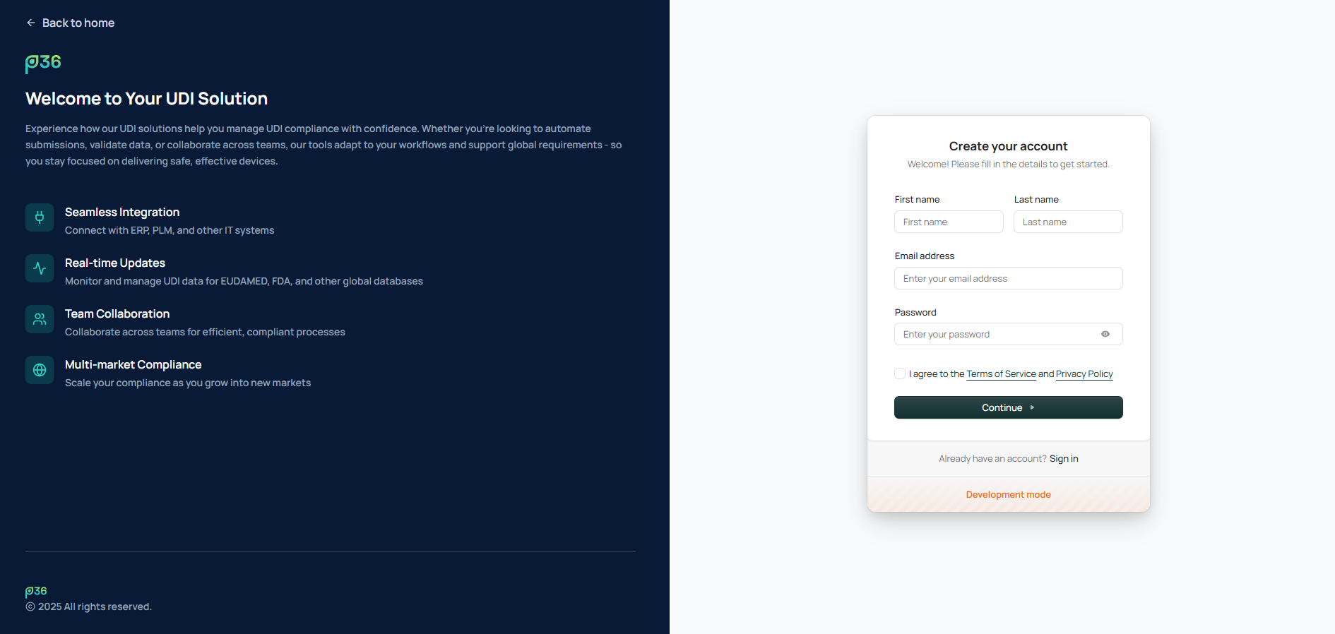 Sign-up screen for creating a new account