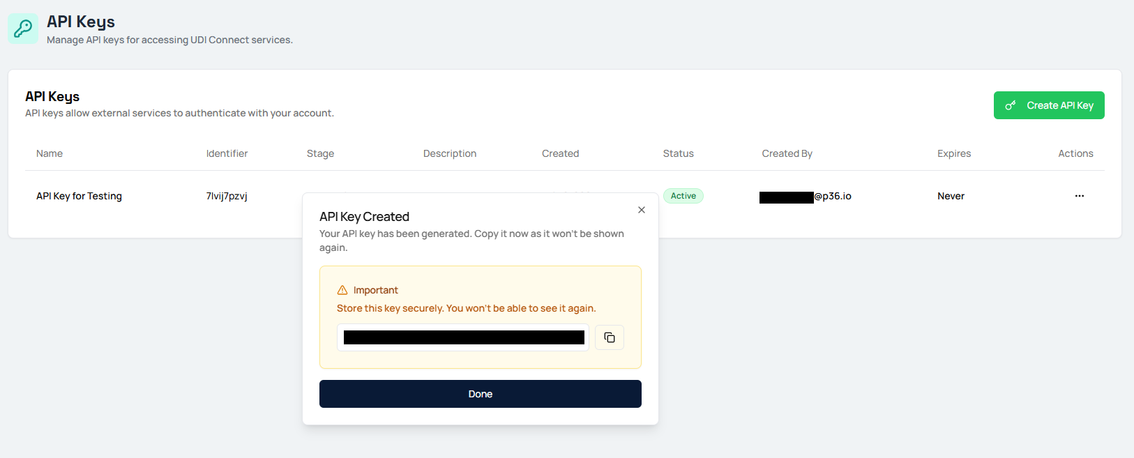 API Key created popup