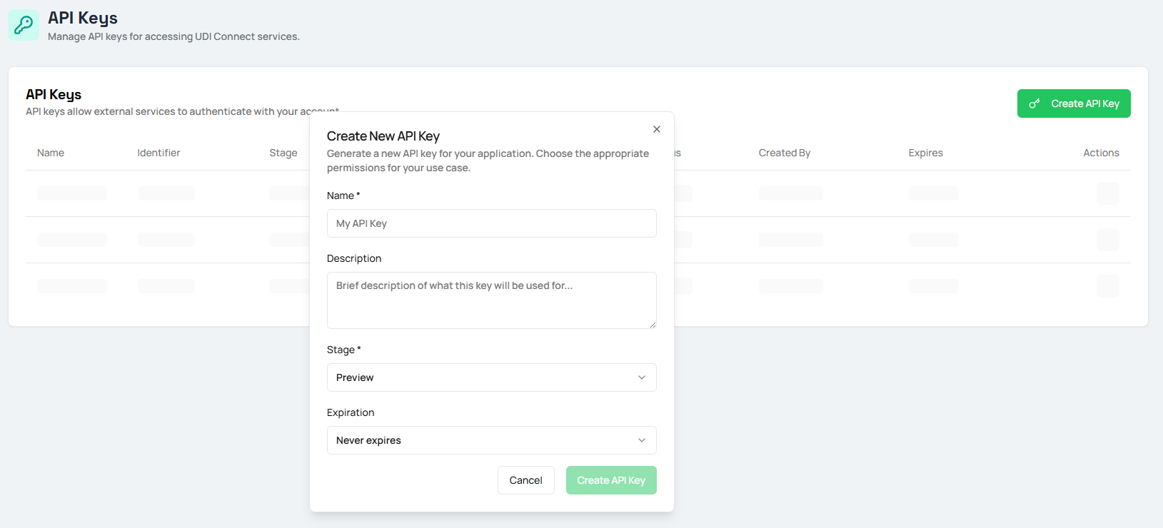 Create API Key popup