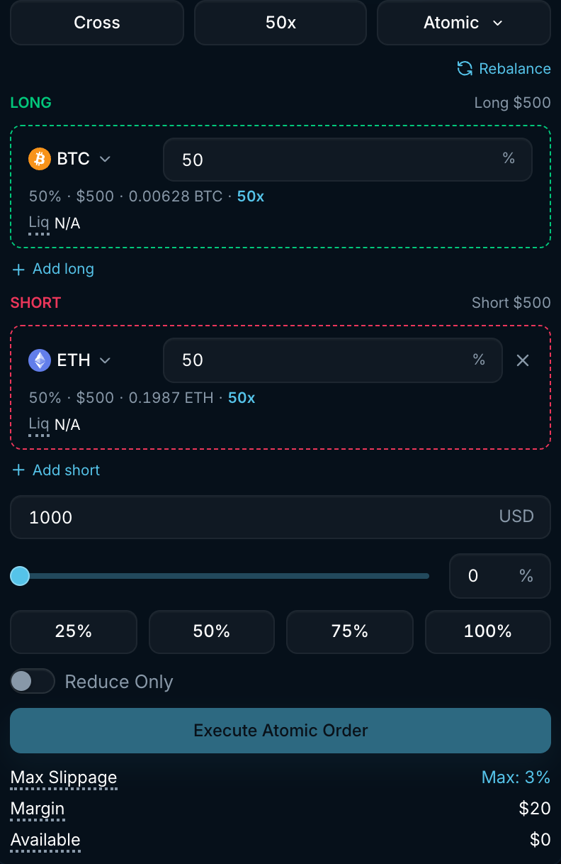 Atomic order form with long and short leg boxes, per-leg weights, total size, Reduce Only and Execute Atomic Order button