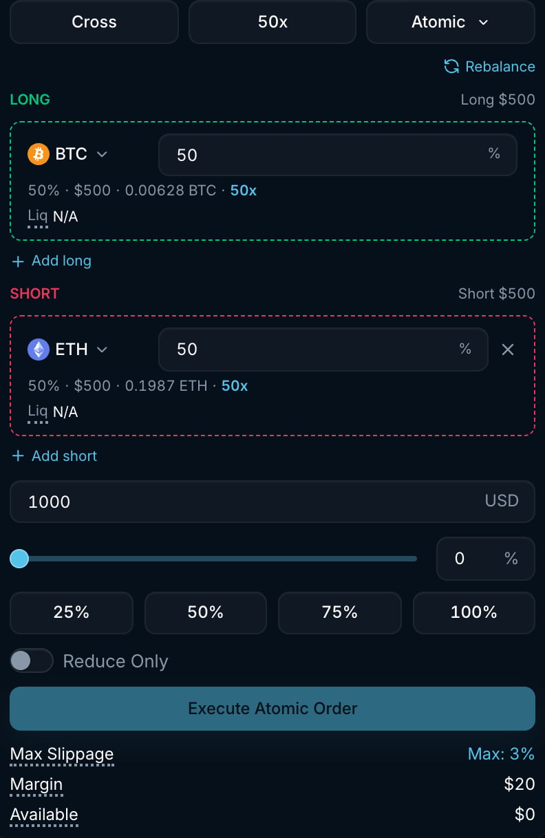 Atomic order form with long and short leg boxes, per-leg weights, total size, Reduce Only and Execute Atomic Order button