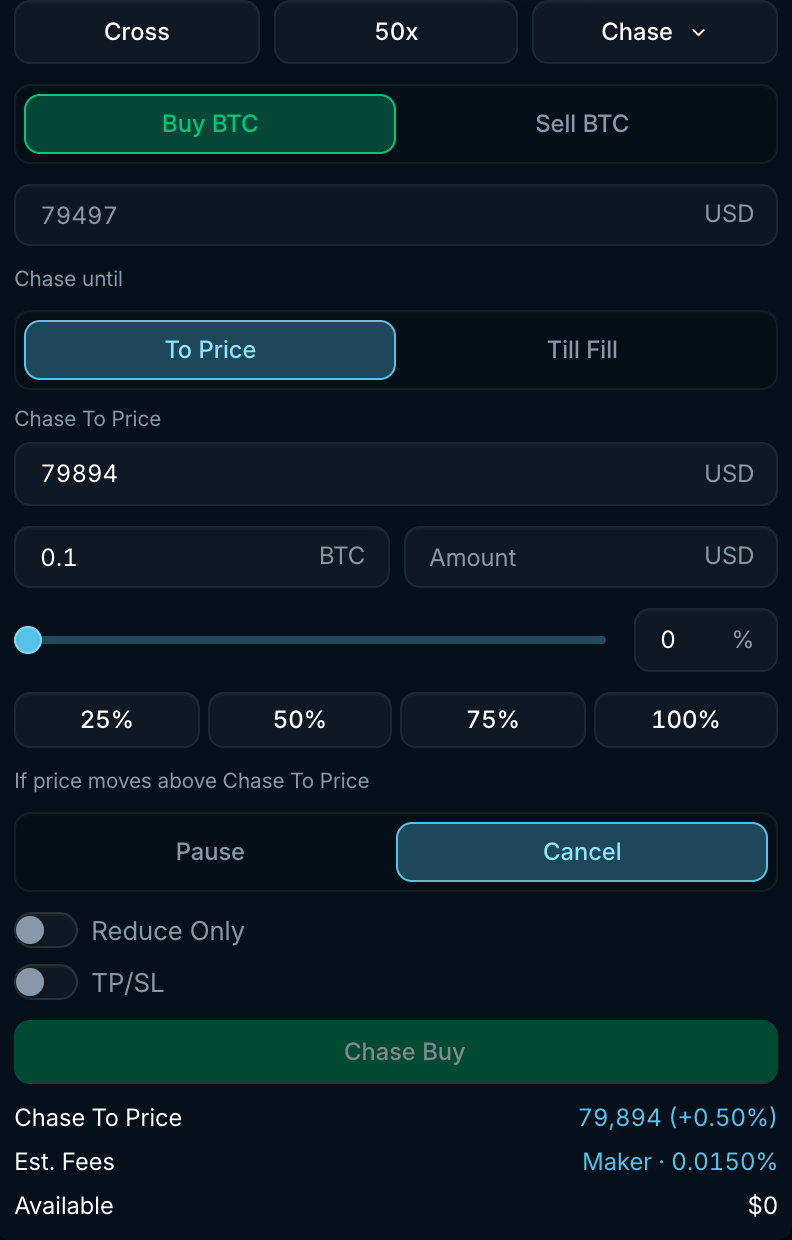 Chase order form with Chase until mode, Chase To Price, breach action and TP/SL