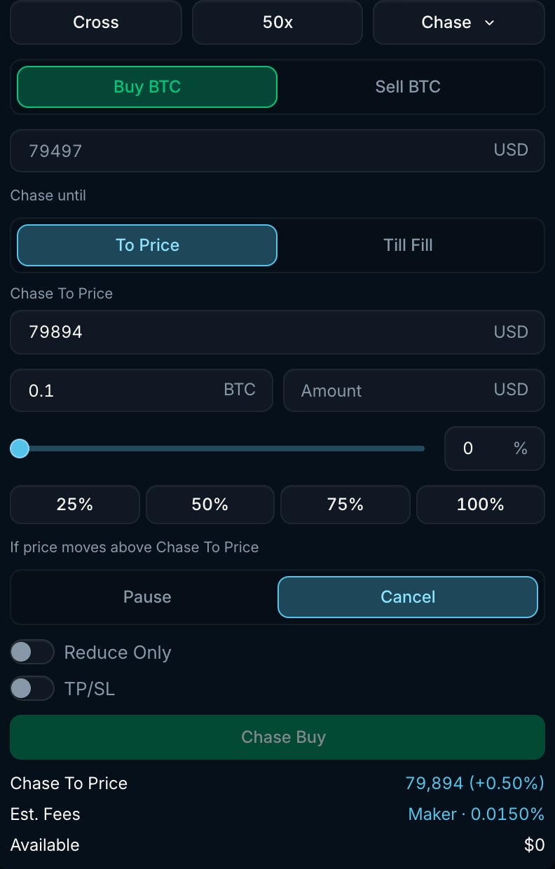 Chase order form with Chase until mode, Chase To Price, breach action and TP/SL