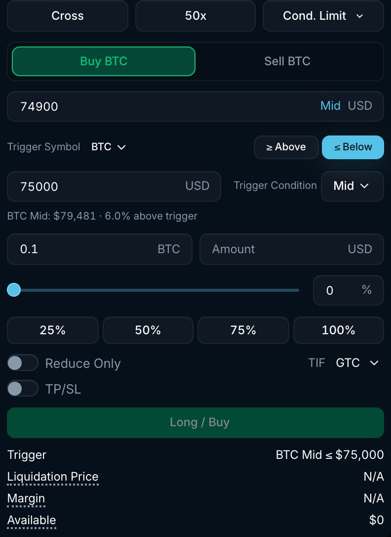 Conditional limit order form with limit price, trigger settings, TIF selector and TP/SL