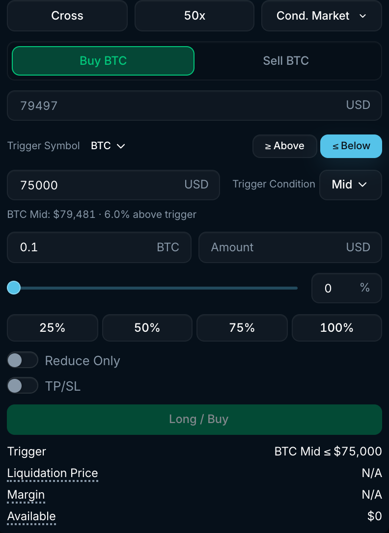 Conditional market order form with trigger symbol, above/below selector, trigger price, trigger condition and amount