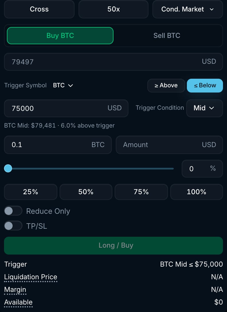 Conditional market order form with trigger symbol, above/below selector, trigger price, trigger condition and amount