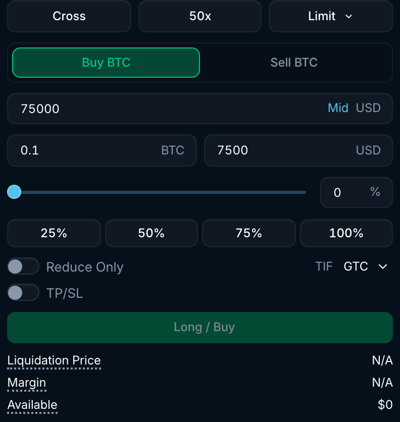 Limit order form with price, amount, TIF selector, Reduce Only and TP/SL toggles