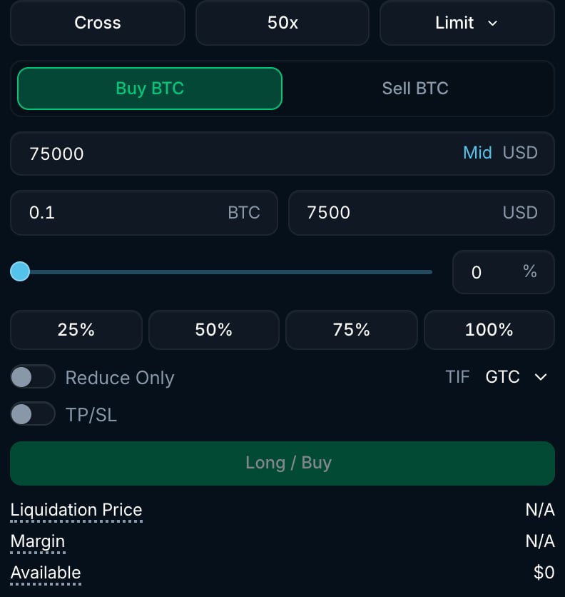 Limit order form with price, amount, TIF selector, Reduce Only and TP/SL toggles