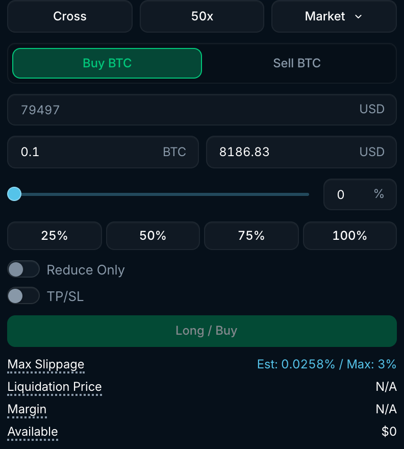 Market order form with amount, slider, Reduce Only and TP/SL toggles