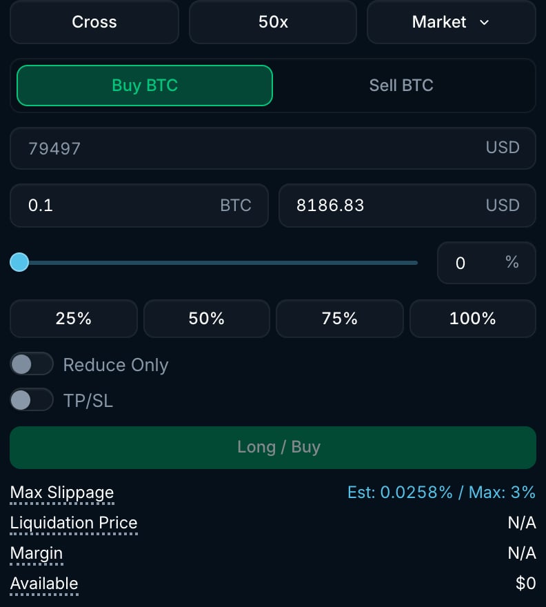 Market order form with amount, slider, Reduce Only and TP/SL toggles