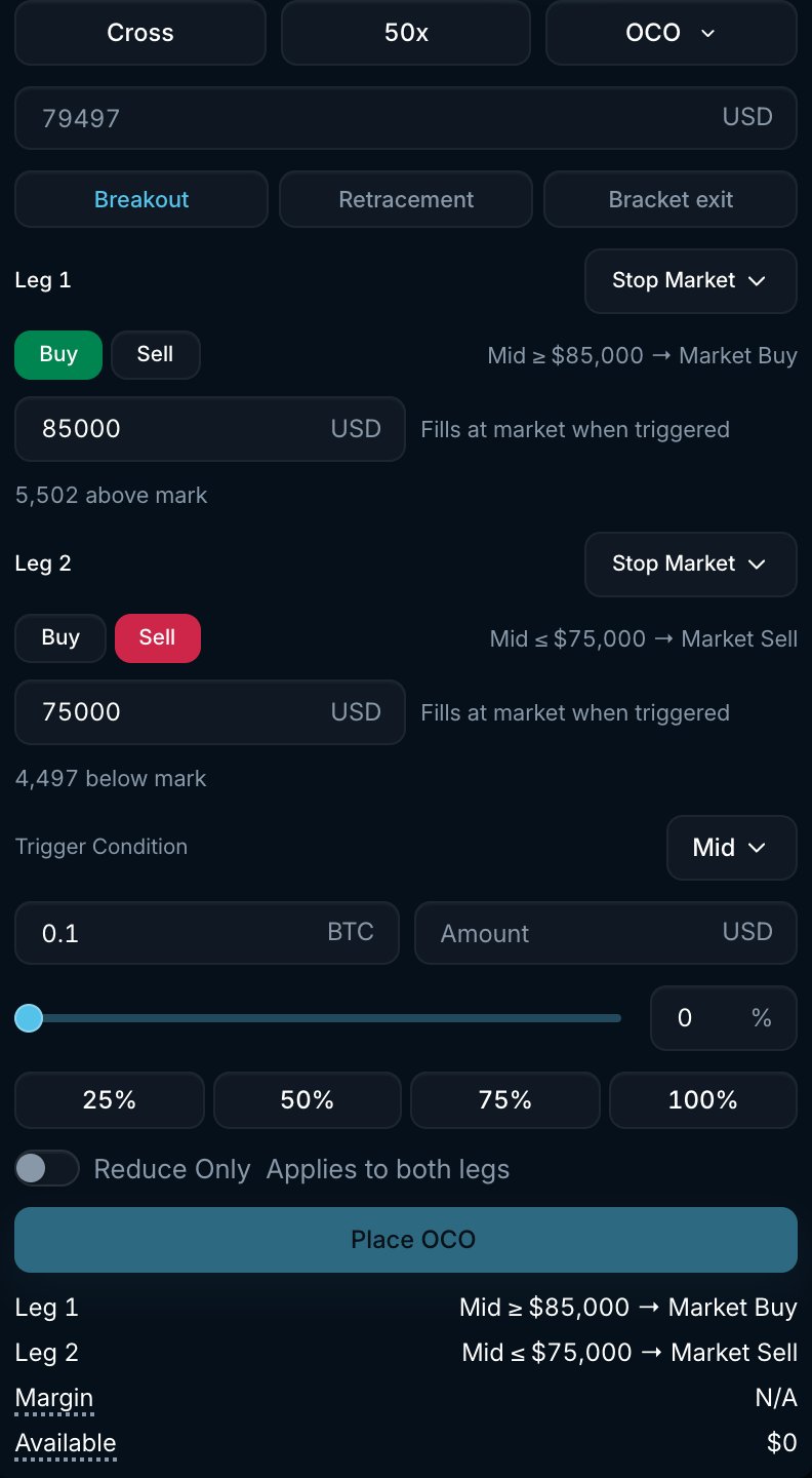 OCO order form with Breakout, Retracement and Bracket exit presets, two legs with stop prices, trigger condition and amount
