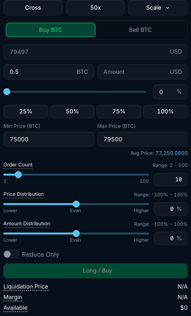Scale order form with min and max price, order count, price distribution and amount distribution sliders