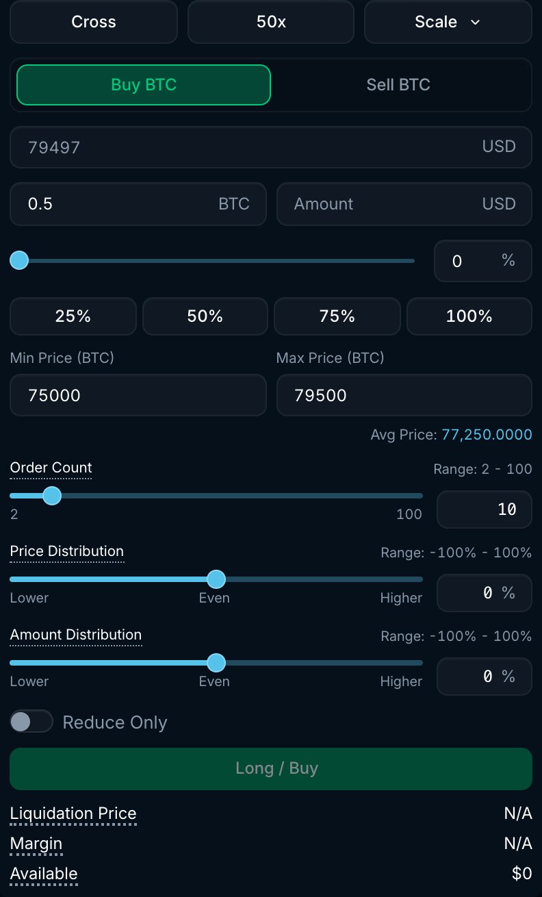 Scale order form with min and max price, order count, price distribution and amount distribution sliders
