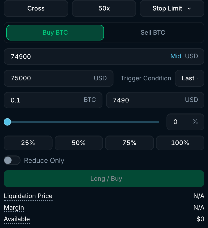Stop limit order form with limit price, stop price, trigger condition and amount