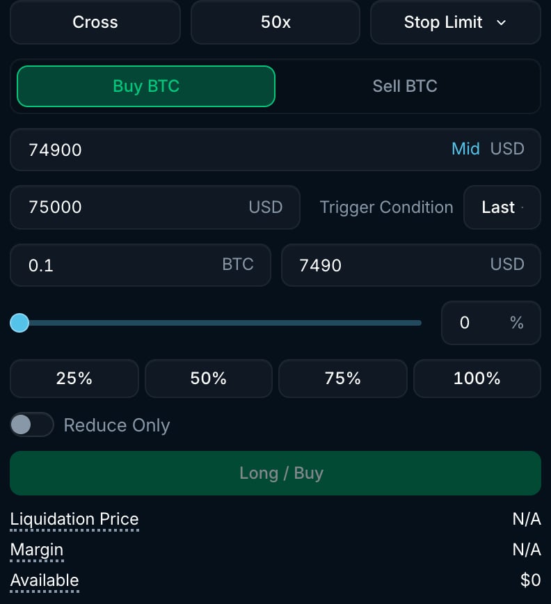 Stop limit order form with limit price, stop price, trigger condition and amount