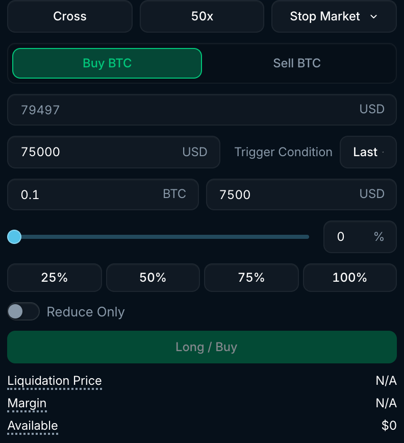 Stop market order form with stop price, trigger condition and amount