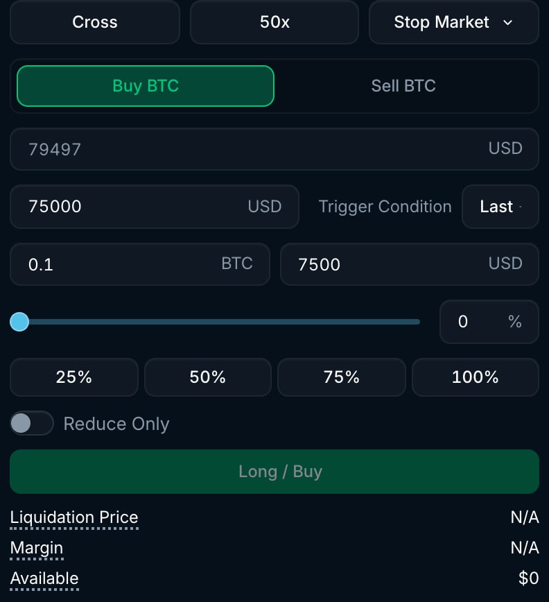 Stop market order form with stop price, trigger condition and amount