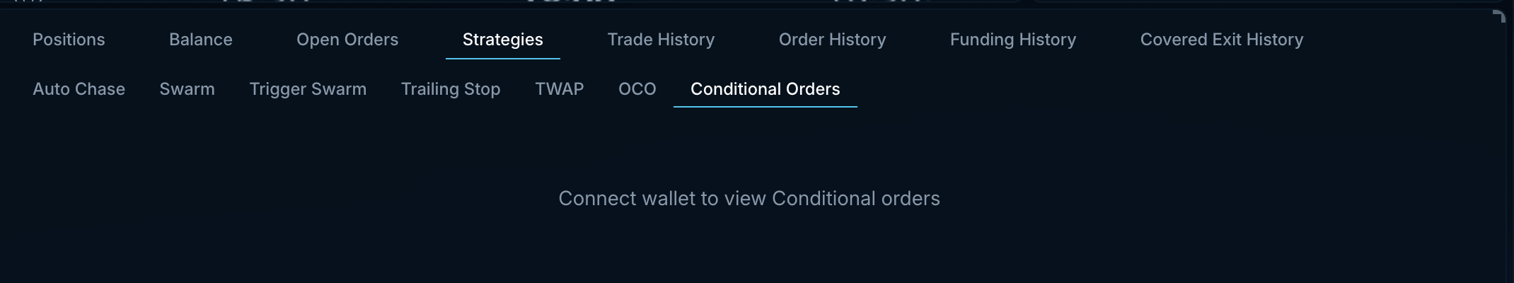 Strategies tab with sub-tabs for Auto Chase, Swarm, Trigger Swarm, Trailing Stop, TWAP, OCO and Conditional Orders