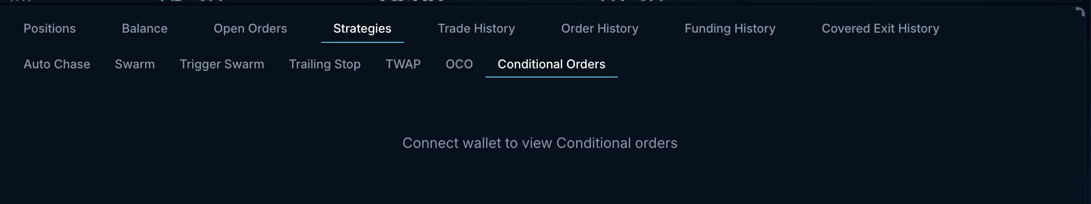Strategies tab with sub-tabs for Auto Chase, Swarm, Trigger Swarm, Trailing Stop, TWAP, OCO and Conditional Orders