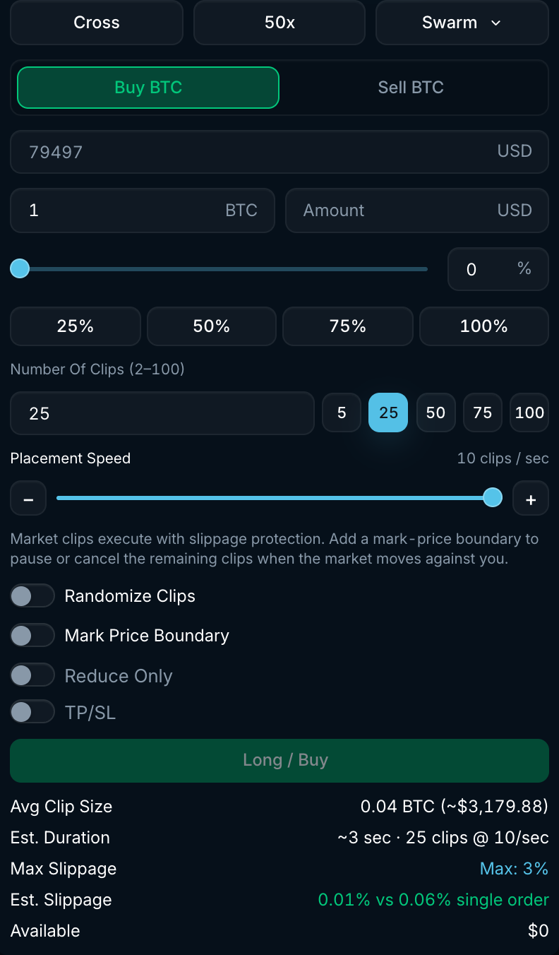 Swarm order form with number of clips, placement speed slider, Randomize Clips, Mark Price Boundary, Reduce Only and TP/SL