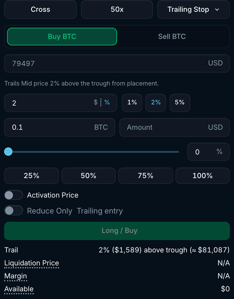 Trailing stop order form with trail amount in dollars or percent, activation price, trigger condition and Reduce Only