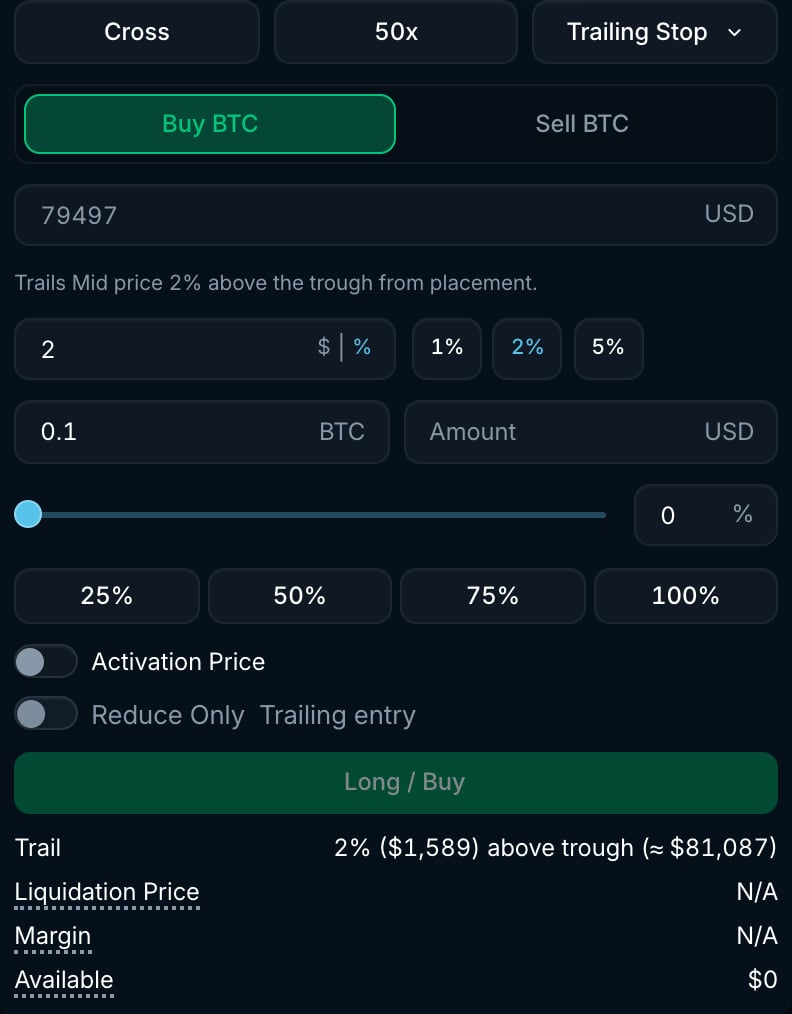 Trailing stop order form with trail amount in dollars or percent, activation price, trigger condition and Reduce Only