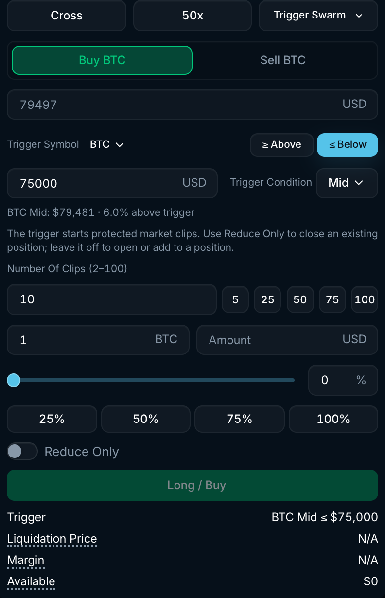 Trigger swarm order form with trigger symbol, above/below, trigger price, trigger condition, clip count and amount
