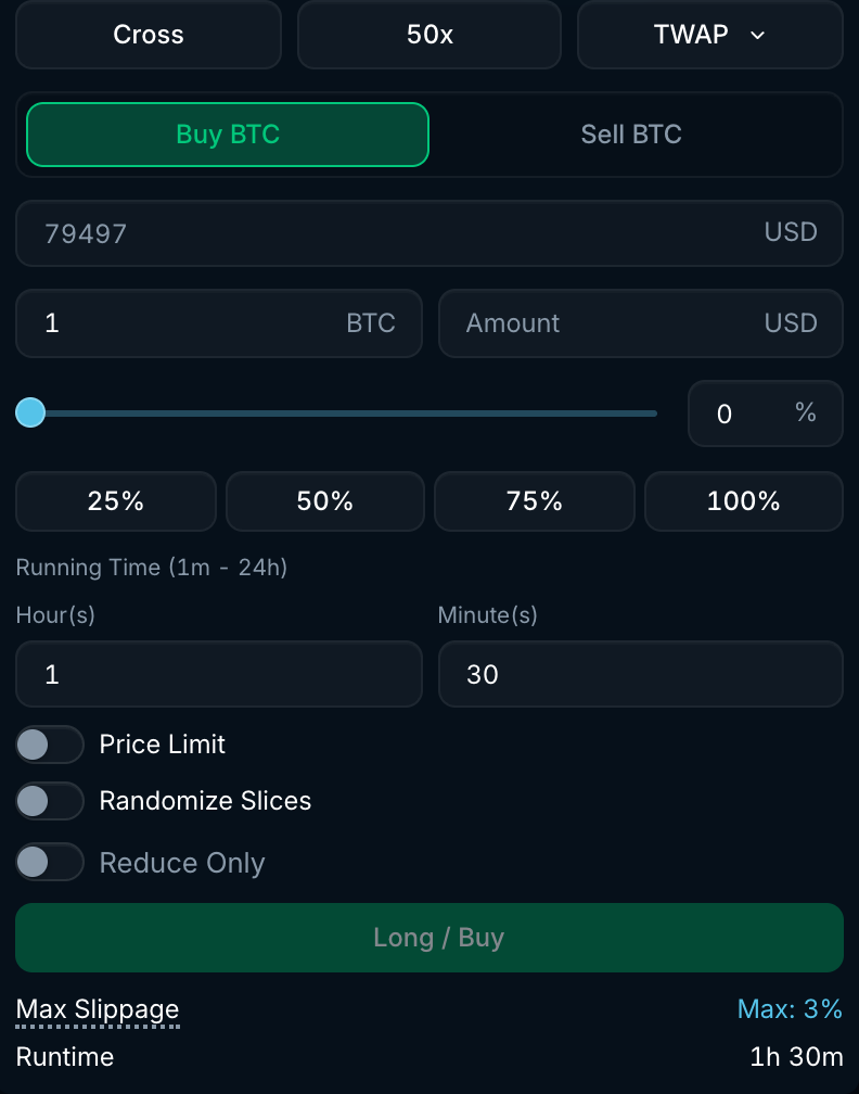 TWAP order form with amount, running time, Price Limit, Randomize Slices and Reduce Only