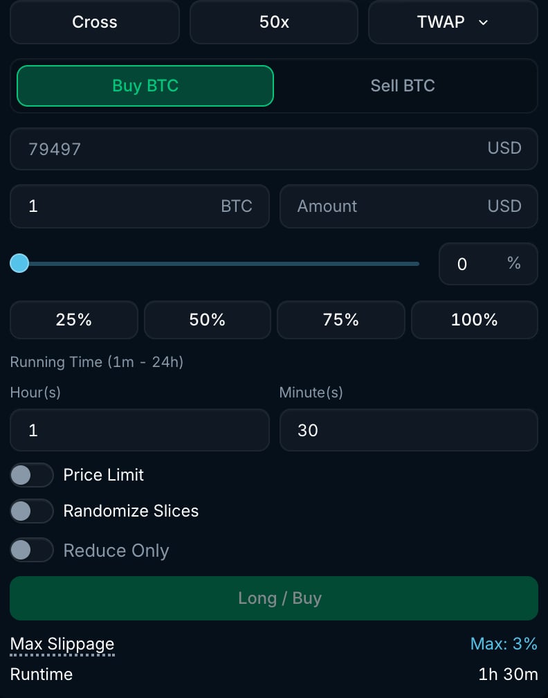 TWAP order form with amount, running time, Price Limit, Randomize Slices and Reduce Only