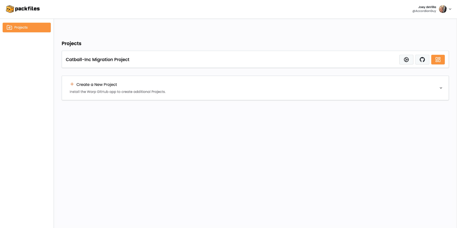 Warp's "Projects" page, with a single project and the "Create a New Project" area.