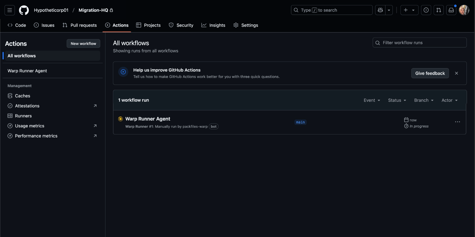 Migration HQ’s Actions page with an active Warp Runner Agent.