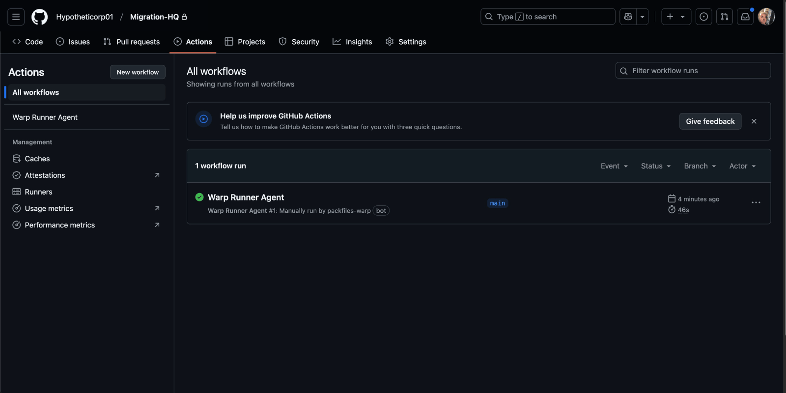 Migration HQ’s Actions page with a Warp Runner Agent that has completed its task.