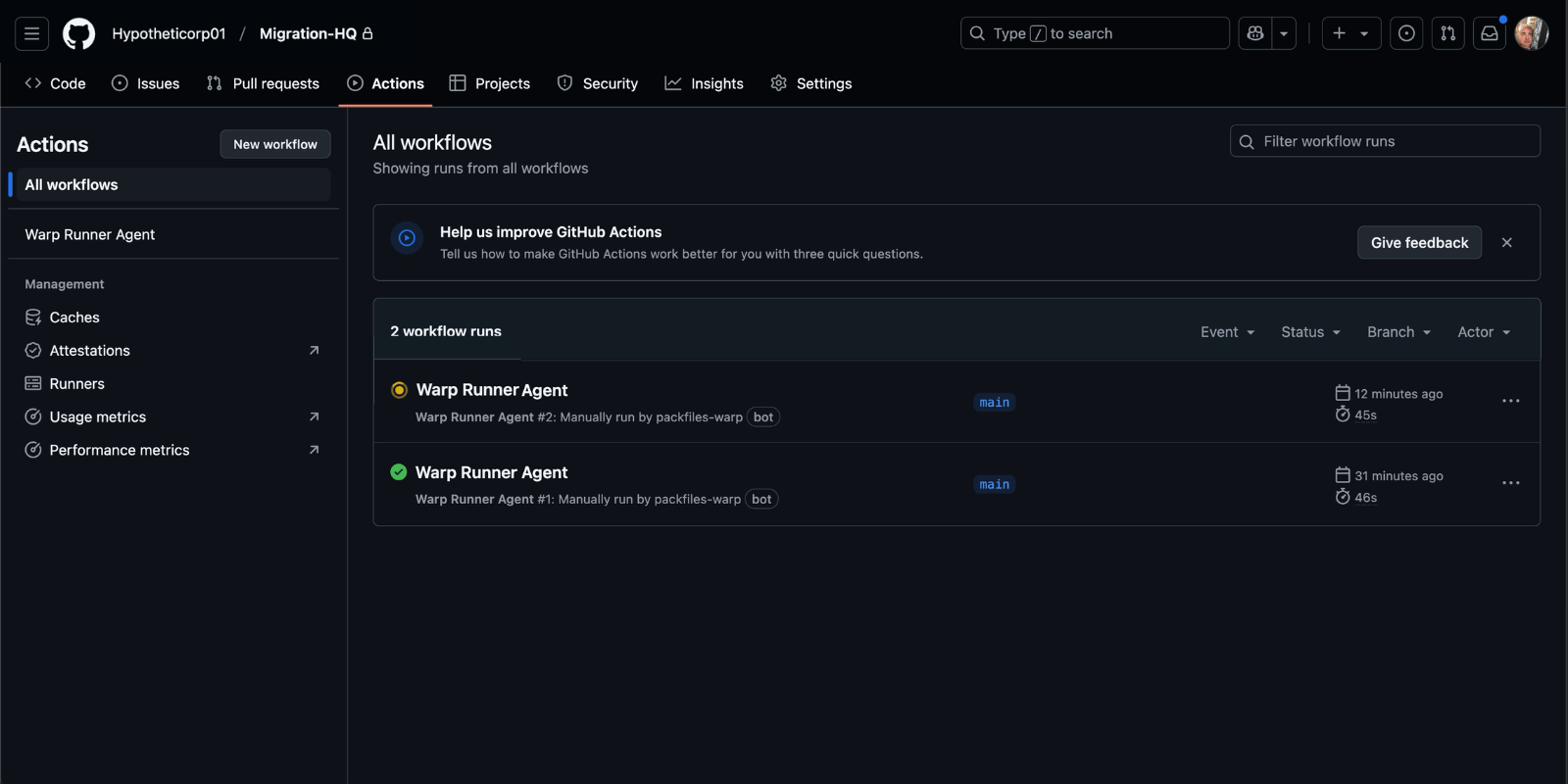Migration HQ’s "Actions" page with a new active Warp Runner Agent.