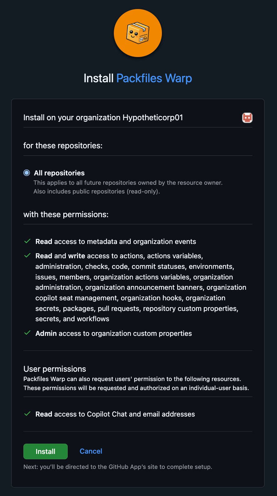 The "Install Packfiles Warp" page on GitHub. It shows that Warp will be included for the user's organization for all repositories, with a long list of permissions.