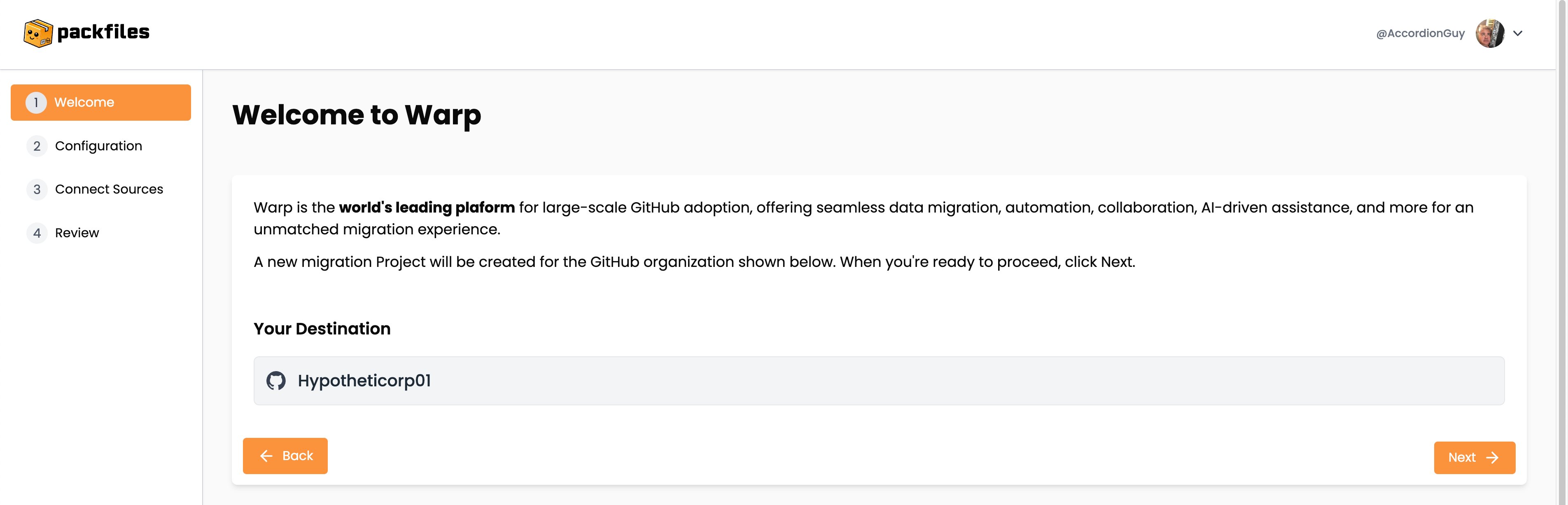 The "Welcome to Warp" page in the Warp web app. Key items are the user's destination organization and the "Next" button.