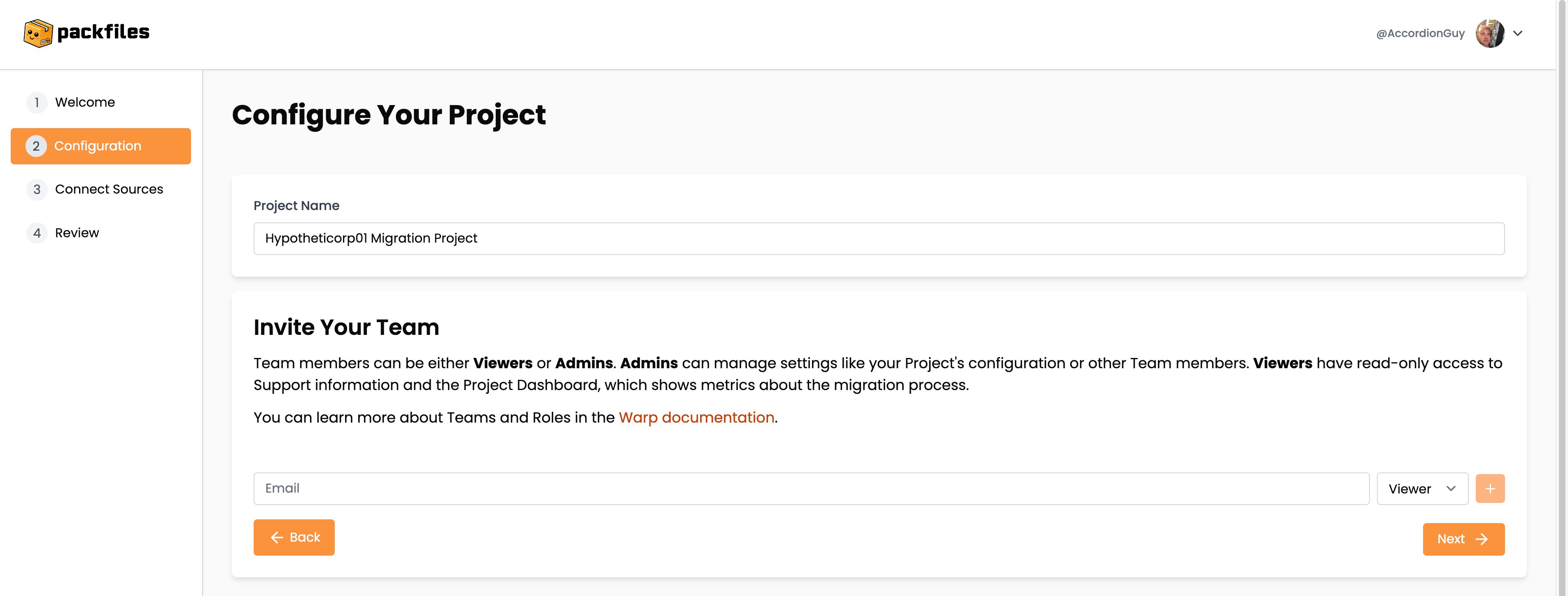 The "Configure Your Project" page in the Warp web app. Key items are the user's project name and the "Next" button.