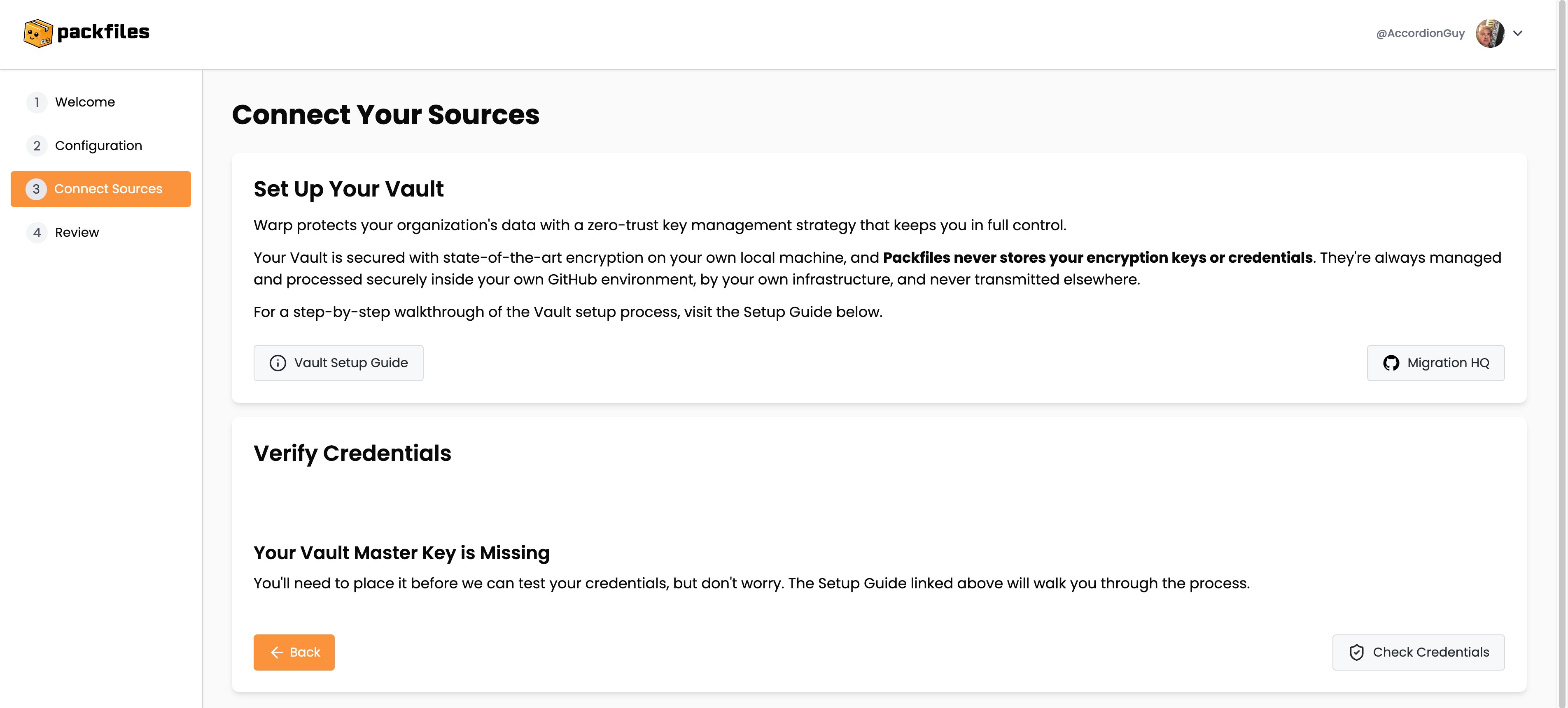The "Connect Your Sources" page in the Warp web app. Key items are the user's project name and the "Next" button. The key item on this page is the “Migration HQ” button.