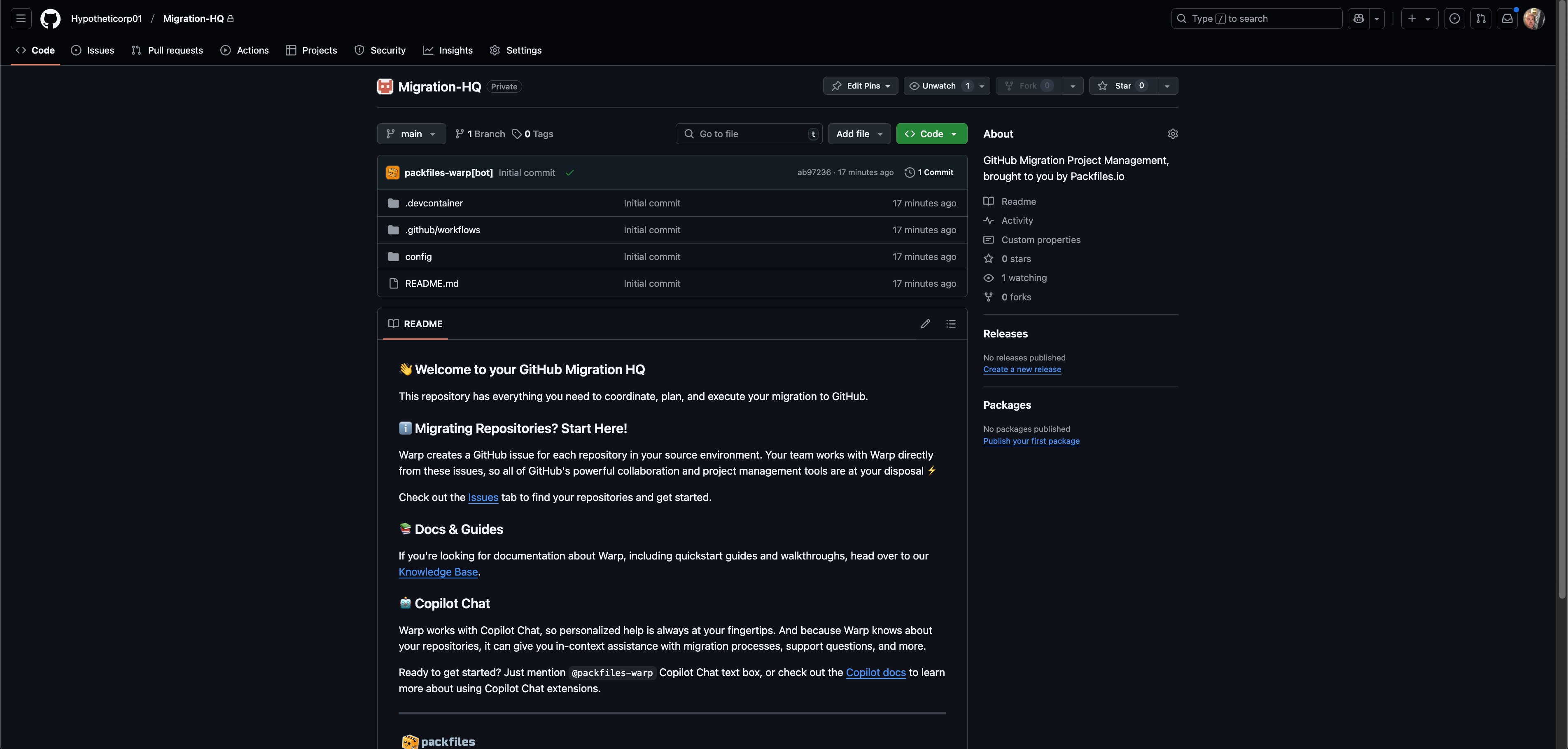 The "Code" page of the "Migration HQ" repository in GitHub.