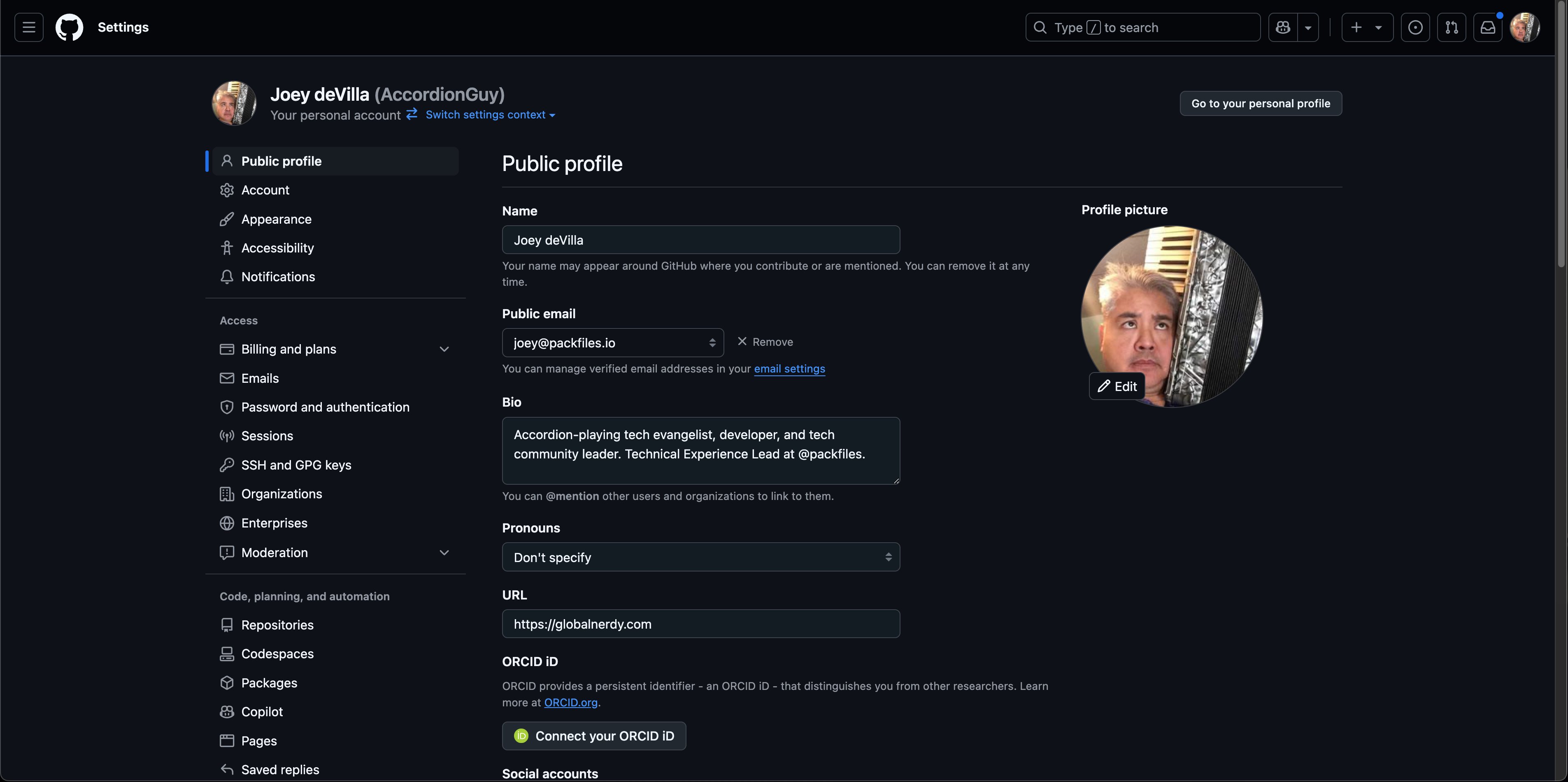 The "Settings" page for the user's GitHub account.