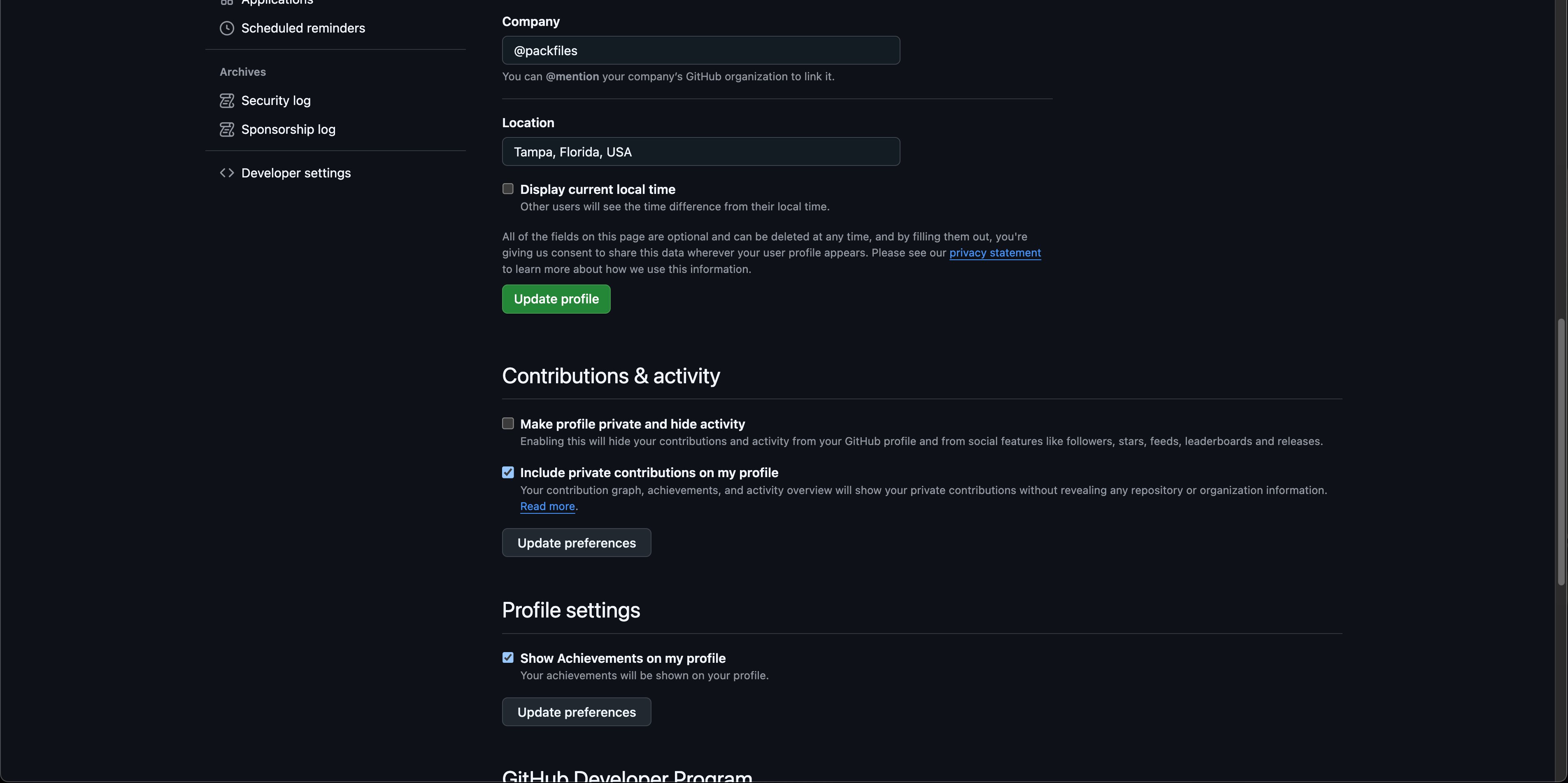 The "Settings" page for the user's GitHub account, scrolled farther down the page. The key item is the “Developer settings” item at the bottom of the left-side menu.