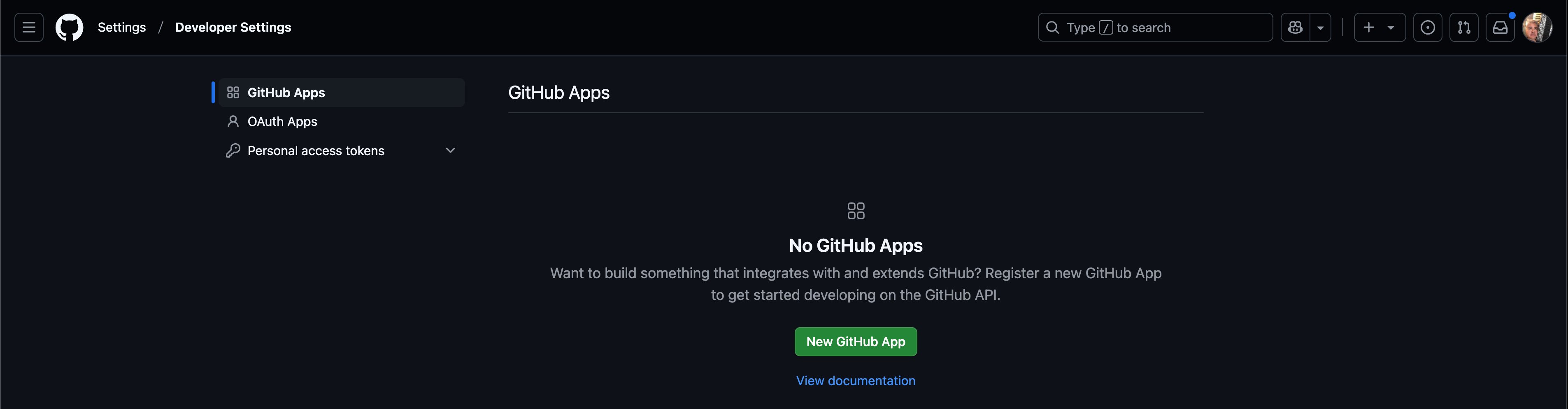 The "Developer Settings" page. The key item is the “Personal access tokens” item at the bottom of the left-side menu.