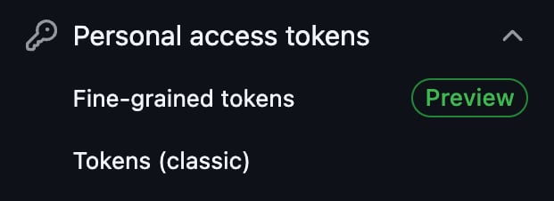 The Personal access tokens menu. The key item is the “Tokens (classic)” menu item.