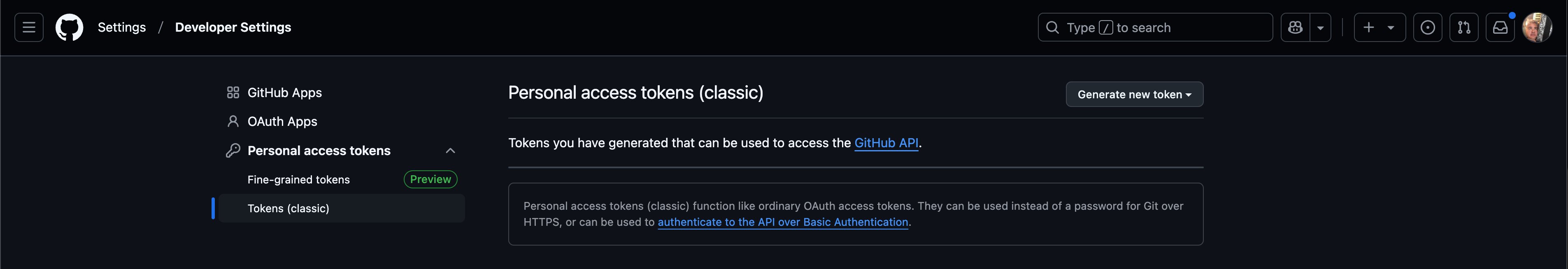 The Personal access tokens (classic) page. The key item is the “Generate new token” button.