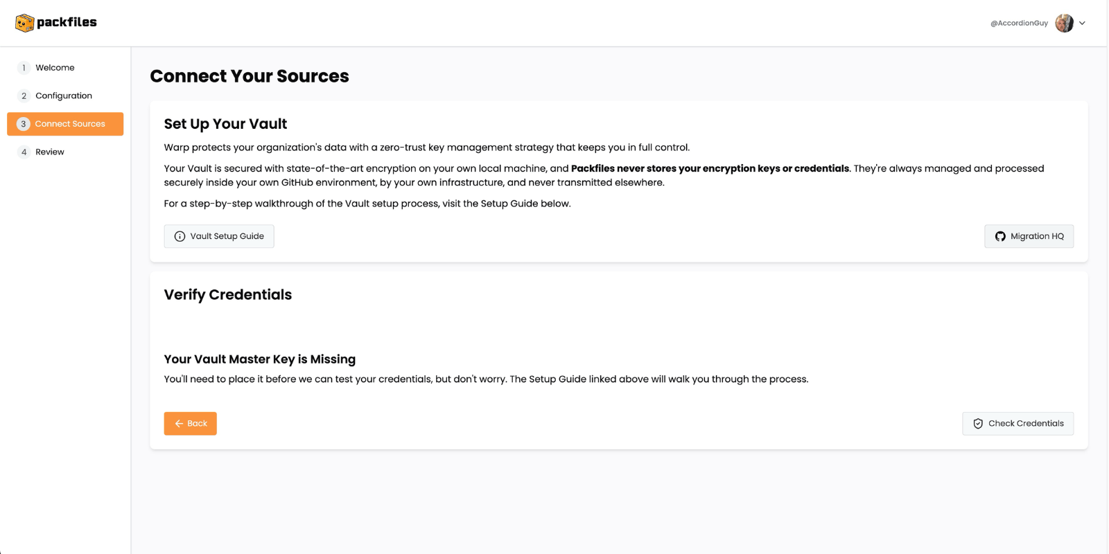 Warp’s “Connect Your Sources” page. The key item is the “Check Credentials” button near the lower right corner of the page.