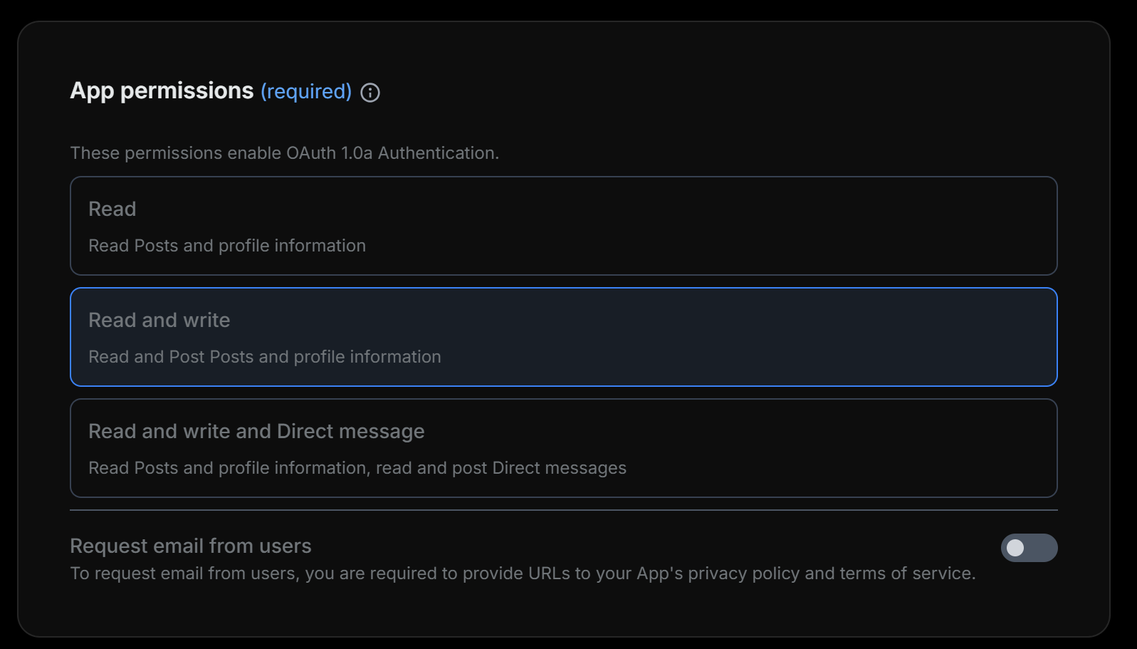 App permissions selection with Read and write highlighted