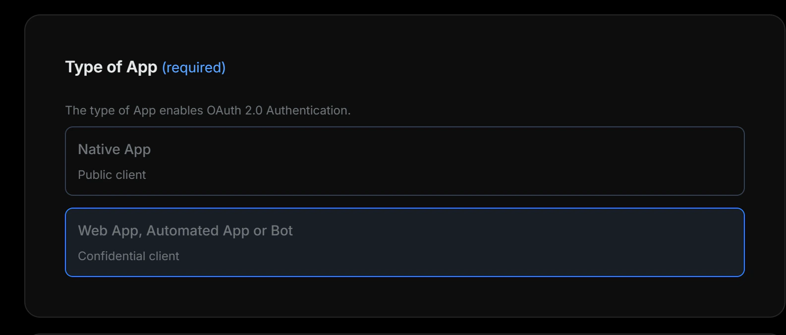 Type of App selection with Web App, Automated App or Bot highlighted