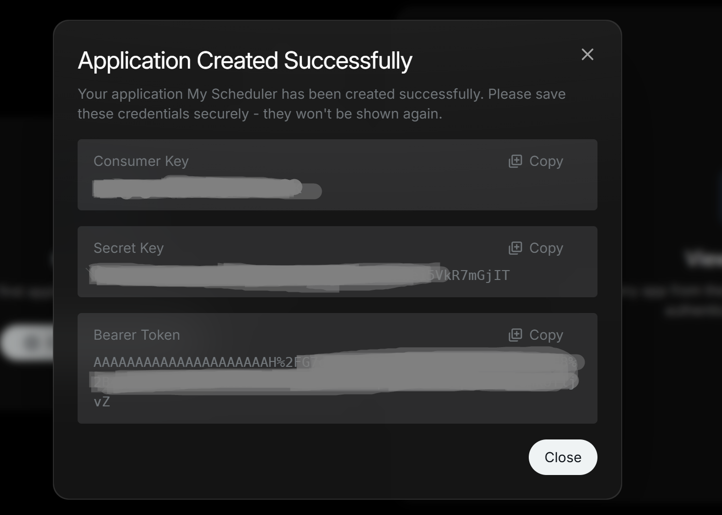 Application Created Successfully dialog showing Consumer Key and Secret Key