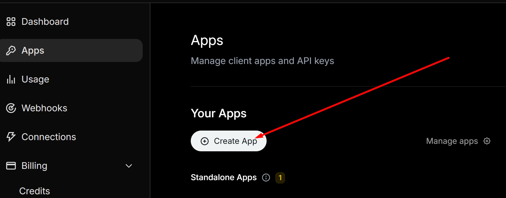 Apps page showing the Create App button