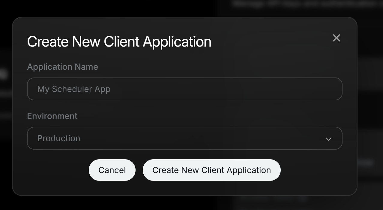 Create New Client Application dialog